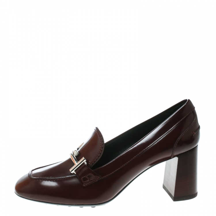Pre Owned Tod's Burgundy Leather Gomma Maxi Double T Court Loafer Pumps Size 39.5