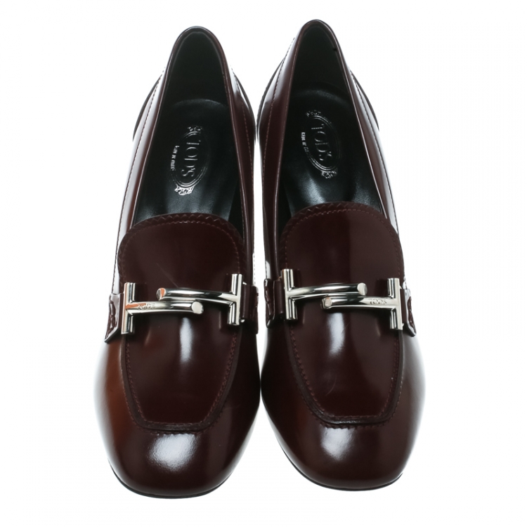 Pre Owned Tod's Burgundy Leather Gomma Maxi Double T Court Loafer Pumps Size 39.5