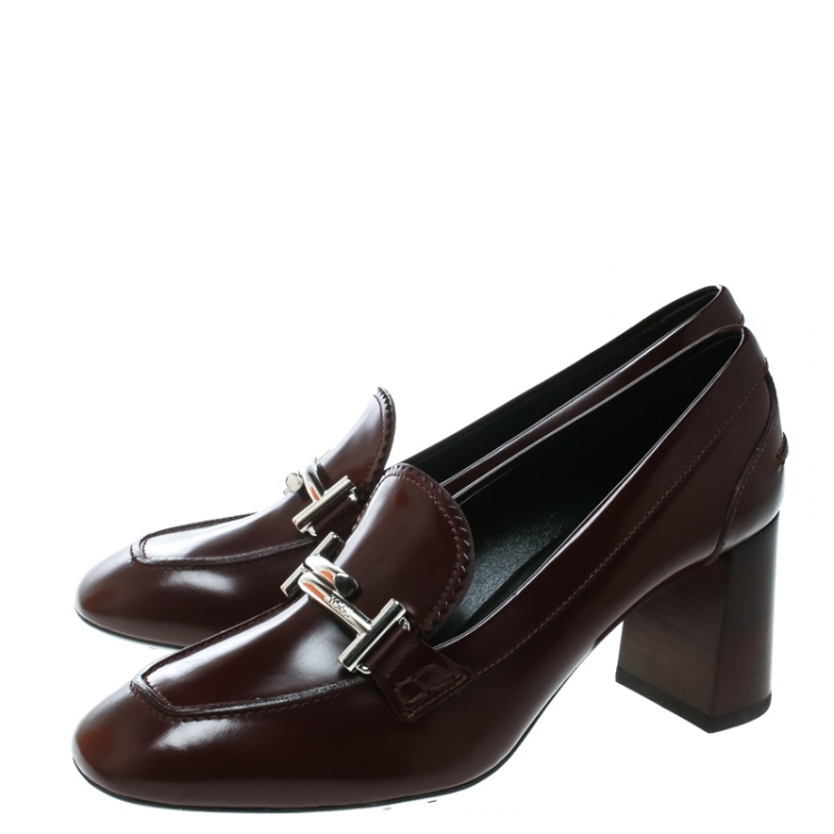 Pre Owned Tod's Burgundy Leather Gomma Maxi Double T Court Loafer Pumps Size 39.5
