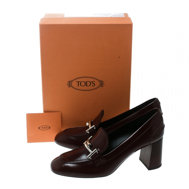 Pre Owned Tod's Burgundy Leather Gomma Maxi Double T Court Loafer Pumps Size 39.5