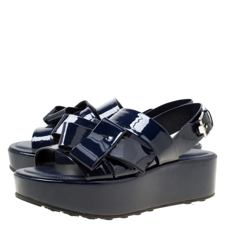 Pre Owned Tod's Navy Blue Patent Leather Slingback Platform Sandals Size 39.5