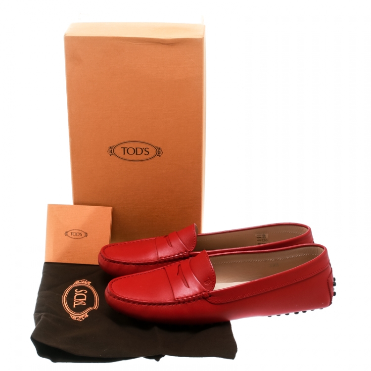 Pre Owned Tod's Red Leather Penny Loafers Size 39.5