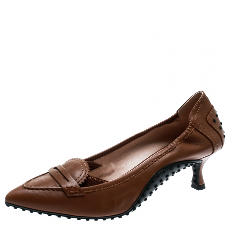 Pre Owned Tod's X Alessandro Dell'Acqua Brown Leather Pointed Toe Penny Loafer Pumps Size 38
