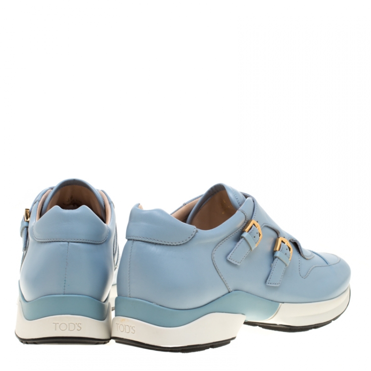 Pre Owned Tod's Sky Blue Leather Double Buckle Sneakers Size 38