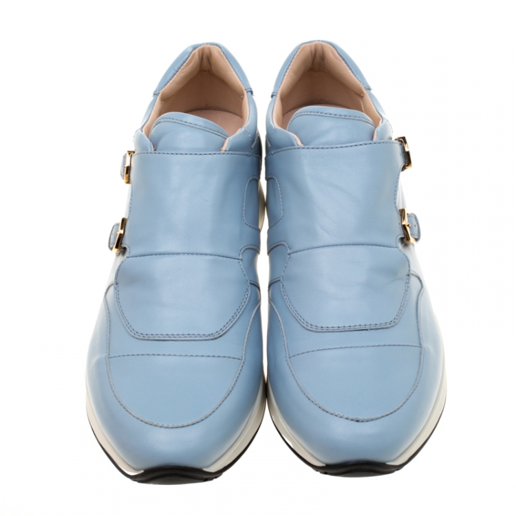 Pre Owned Tod's Sky Blue Leather Double Buckle Sneakers Size 38