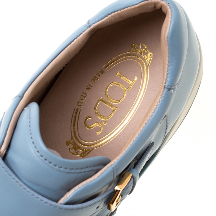 Pre Owned Tod's Sky Blue Leather Double Buckle Sneakers Size 38