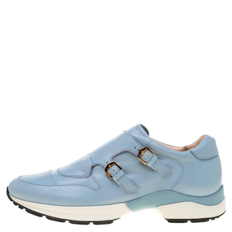 Pre Owned Tod's Sky Blue Leather Double Buckle Sneakers Size 38
