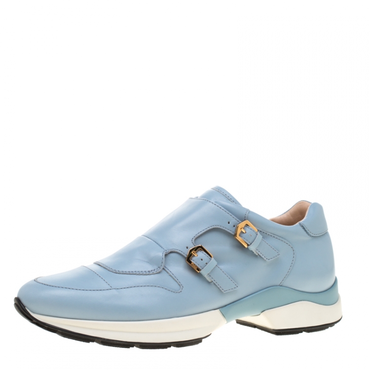Pre Owned Tod's Sky Blue Leather Double Buckle Sneakers Size 38