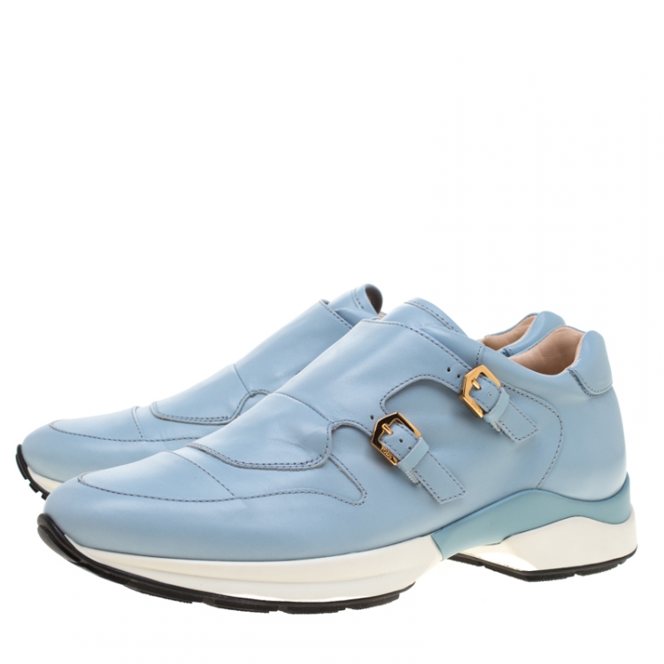 Pre Owned Tod's Sky Blue Leather Double Buckle Sneakers Size 38