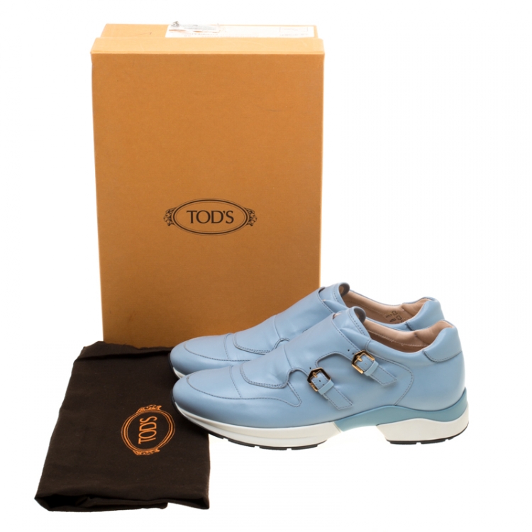 Pre Owned Tod's Sky Blue Leather Double Buckle Sneakers Size 38