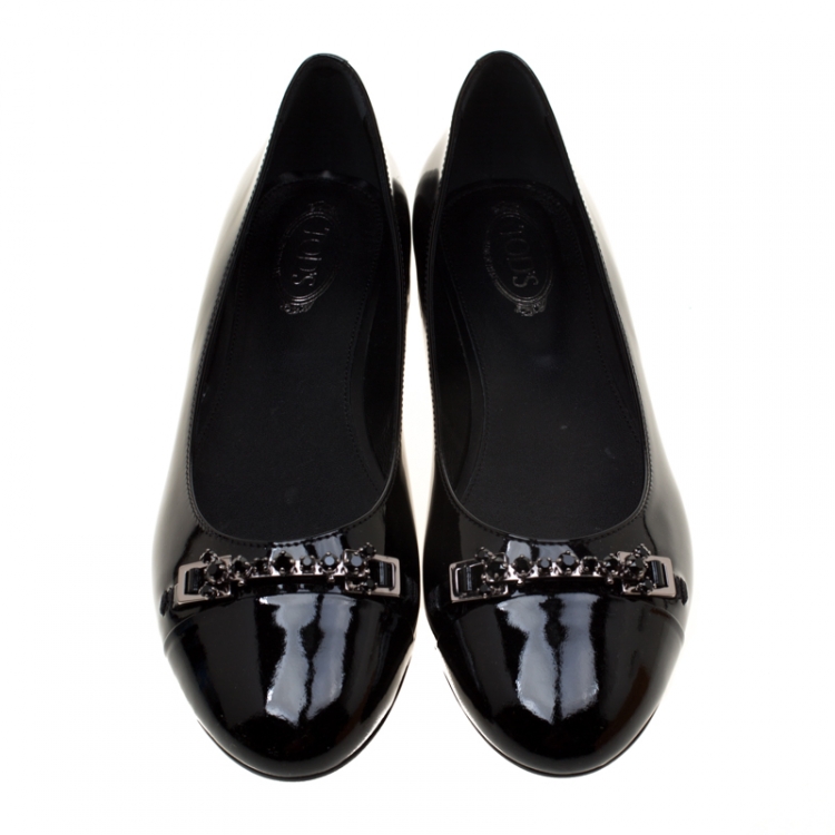 Pre Owned Tod's Black Patent Leather Crystal Embellished Ballet Flats Size 39