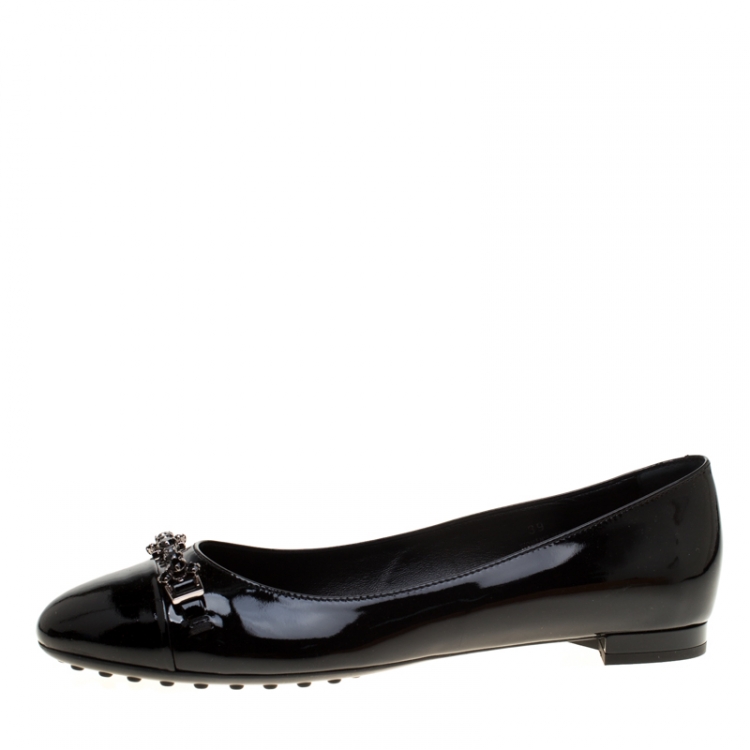 Pre Owned Tod's Black Patent Leather Crystal Embellished Ballet Flats Size 39