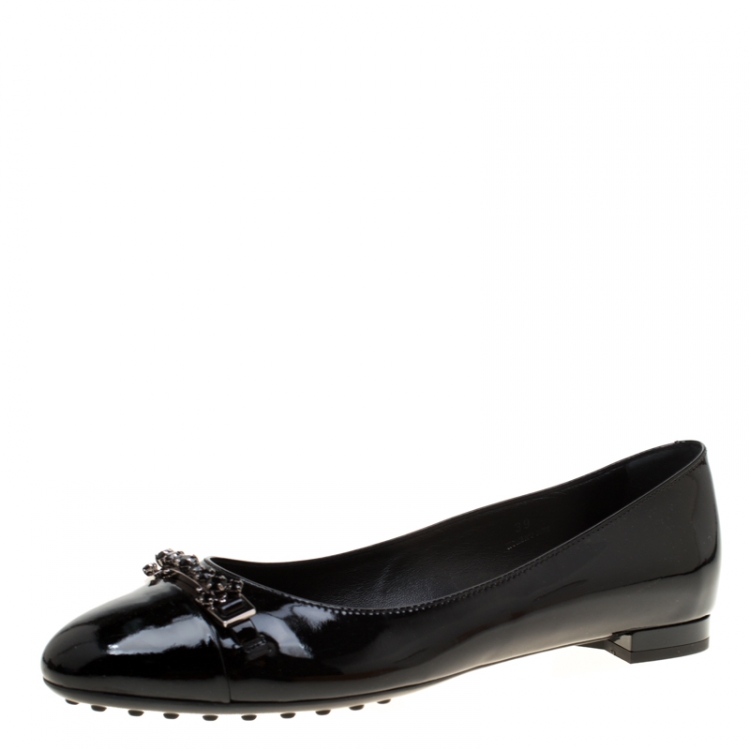 Pre Owned Tod's Black Patent Leather Crystal Embellished Ballet Flats Size 39