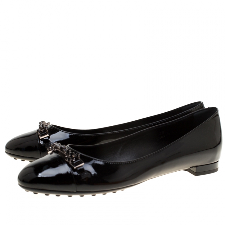 Pre Owned Tod's Black Patent Leather Crystal Embellished Ballet Flats Size 39