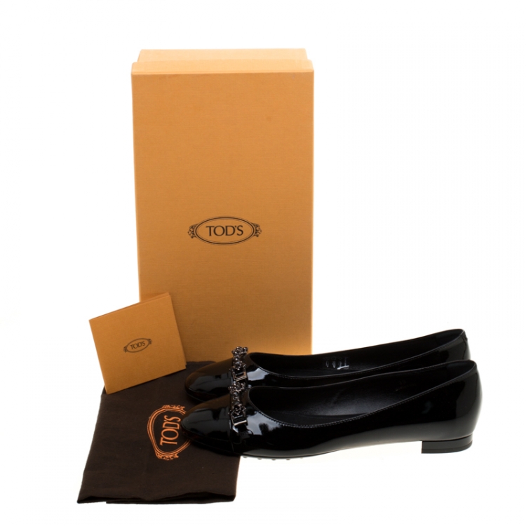 Pre Owned Tod's Black Patent Leather Crystal Embellished Ballet Flats Size 39