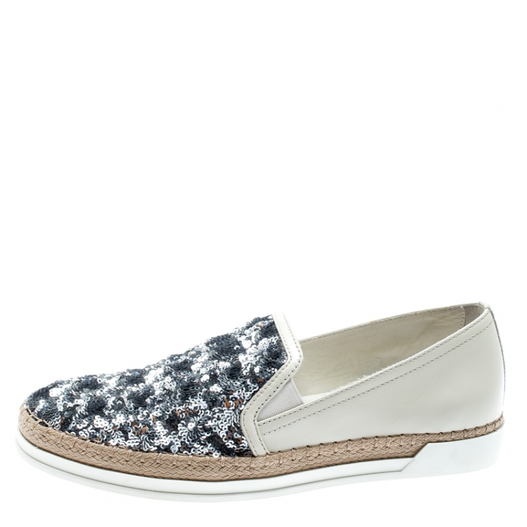 Pre Owned Tod's Cream Leather Sequin Embellished Espadrille Slip On Sneakers Size 37