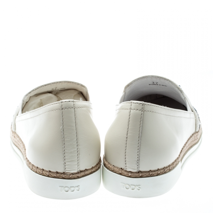 Pre Owned Tod's Cream Leather Sequin Embellished Espadrille Slip On Sneakers Size 37