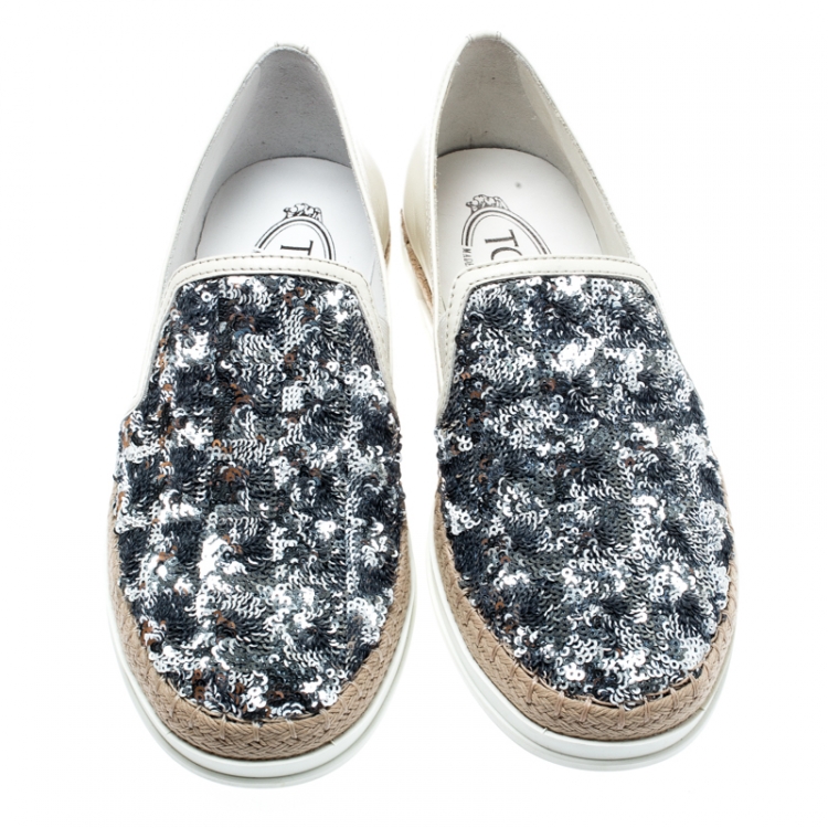 Pre Owned Tod's Cream Leather Sequin Embellished Espadrille Slip On Sneakers Size 37