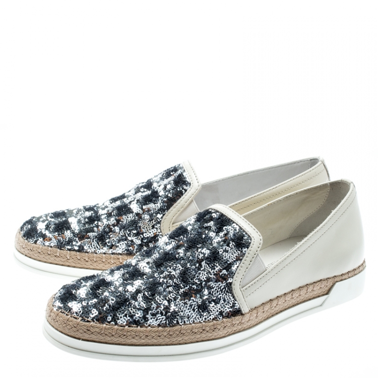 Pre Owned Tod's Cream Leather Sequin Embellished Espadrille Slip On Sneakers Size 37