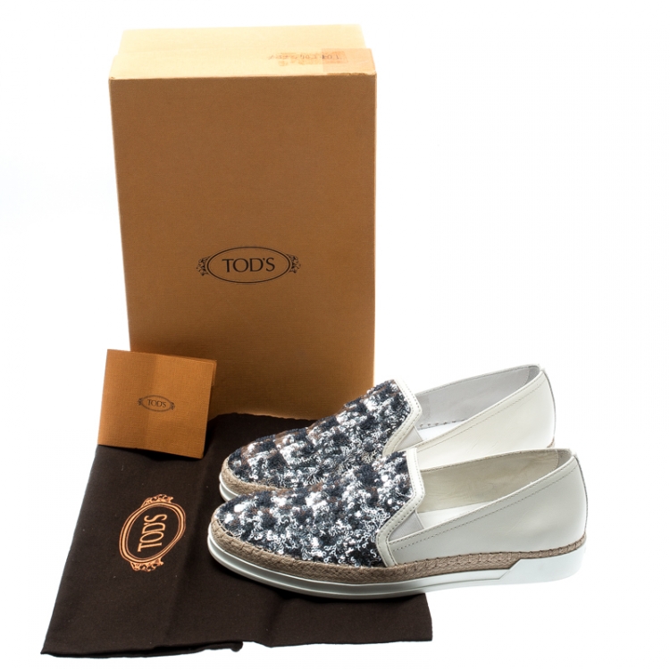 Pre Owned Tod's Cream Leather Sequin Embellished Espadrille Slip On Sneakers Size 37