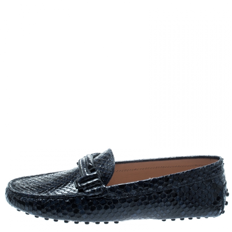 Pre Owned Tod's Blue Python Leather Double T Loafers Size 38