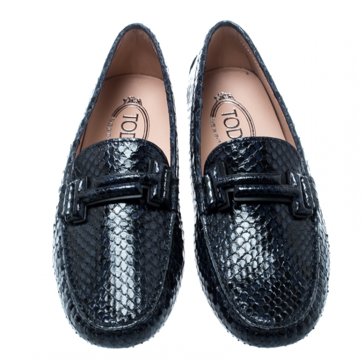 Pre Owned Tod's Blue Python Leather Double T Loafers Size 38