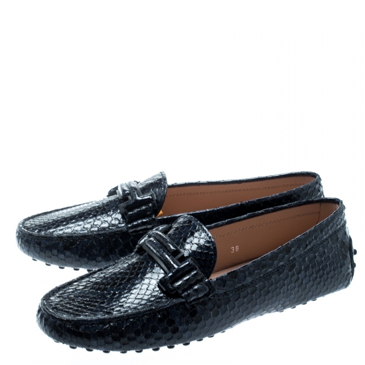 Pre Owned Tod's Blue Python Leather Double T Loafers Size 38