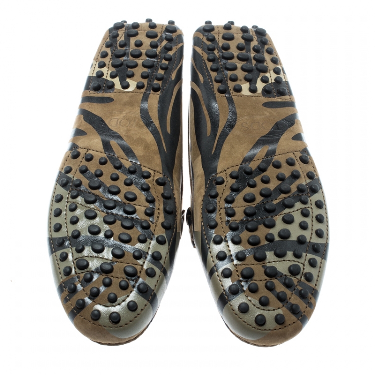 Pre Owned Tod's Military Green Camo Print Leather Double T Loafers Size 37