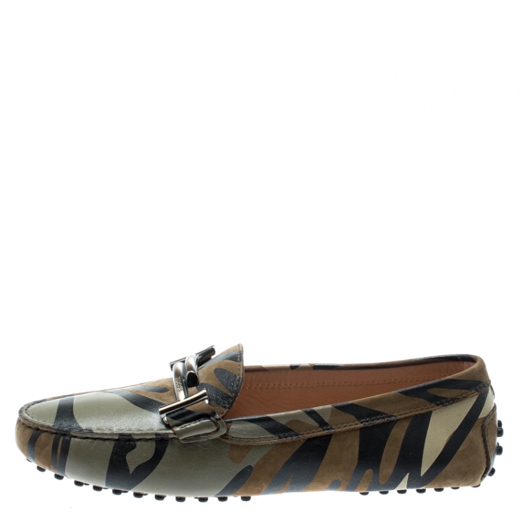 Pre Owned Tod's Military Green Camo Print Leather Double T Loafers Size 37