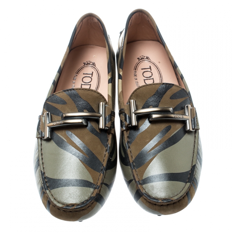 Pre Owned Tod's Military Green Camo Print Leather Double T Loafers Size 37