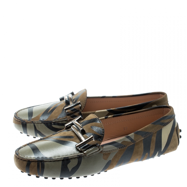 Pre Owned Tod's Military Green Camo Print Leather Double T Loafers Size 37