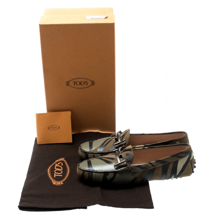 Pre Owned Tod's Military Green Camo Print Leather Double T Loafers Size 37