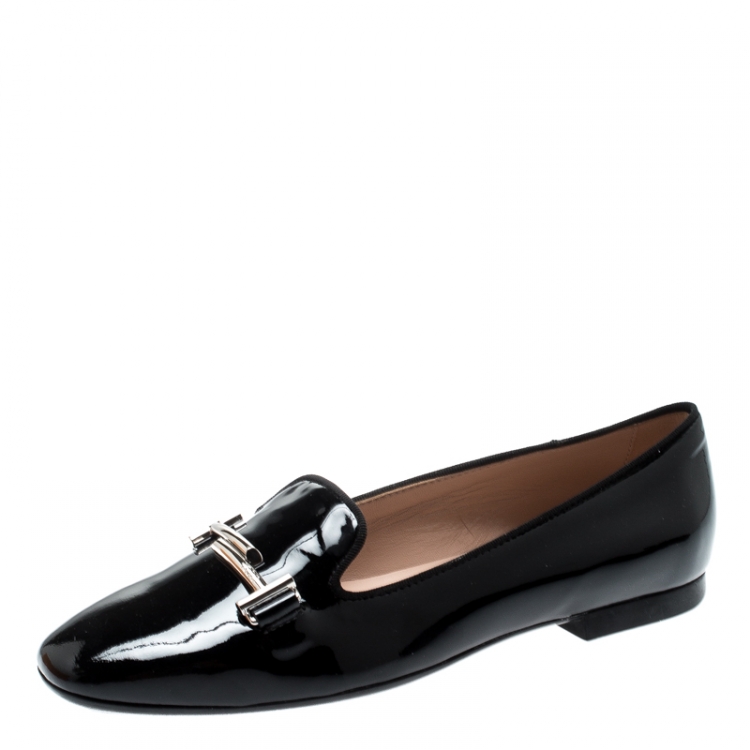 Pre Owned Tod's Black Patent Leather Double T Flats Size 36.5