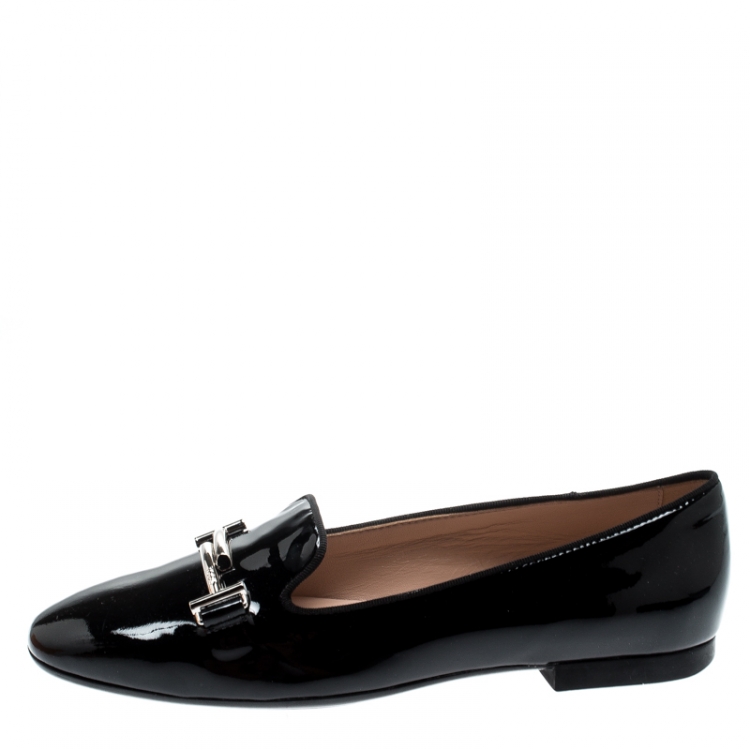 Pre Owned Tod's Black Patent Leather Double T Flats Size 36.5