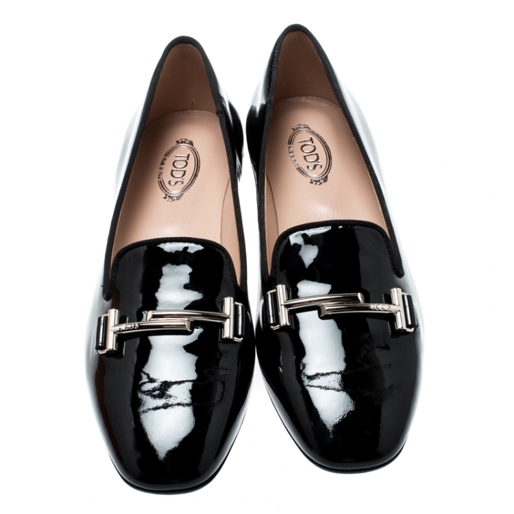 Pre Owned Tod's Black Patent Leather Double T Flats Size 36.5