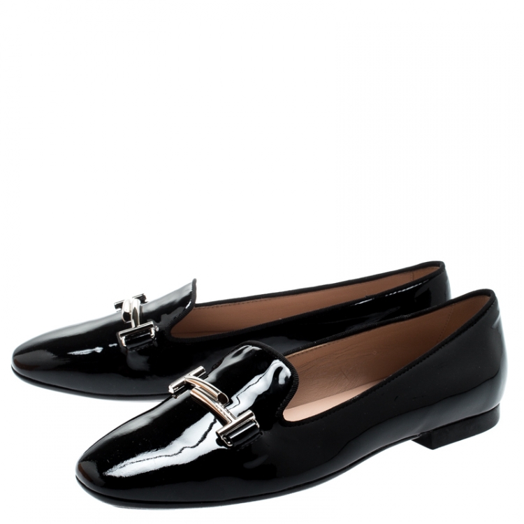 Pre Owned Tod's Black Patent Leather Double T Flats Size 36.5