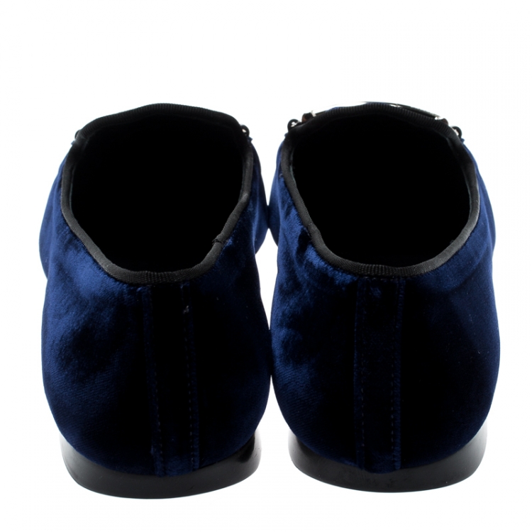 Pre Owned Tod's Indigo Blue Velvet Double T Flats Size 39