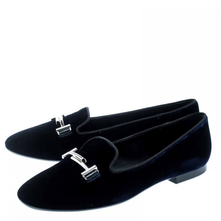 Pre Owned Tod's Indigo Blue Velvet Double T Flats Size 39