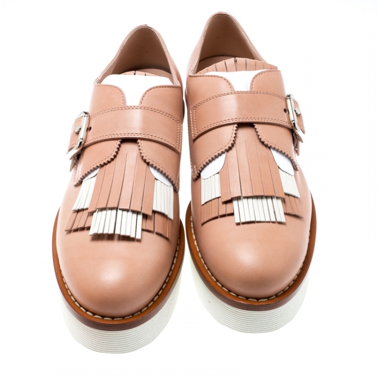 Pre Owned Tod's Pale Pink And Cream Leather Fringe Detail Platform Loafers Size 40