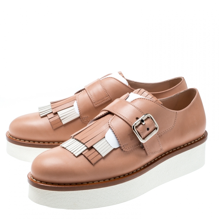 Pre Owned Tod's Pale Pink And Cream Leather Fringe Detail Platform Loafers Size 40