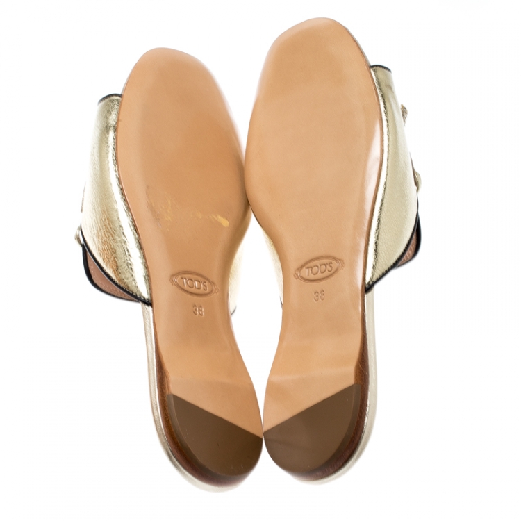 Pre Owned Tod's Limited Edition Metallic Gold Foil Textured Leather Crystal Embellished Bow Detail Flat Slides Size 38
