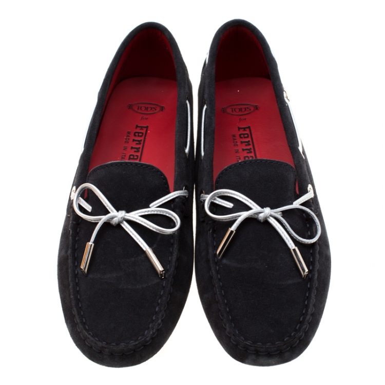 Pre Owned Tod's For Ferrari Black Suede Bow Loafers Size 37