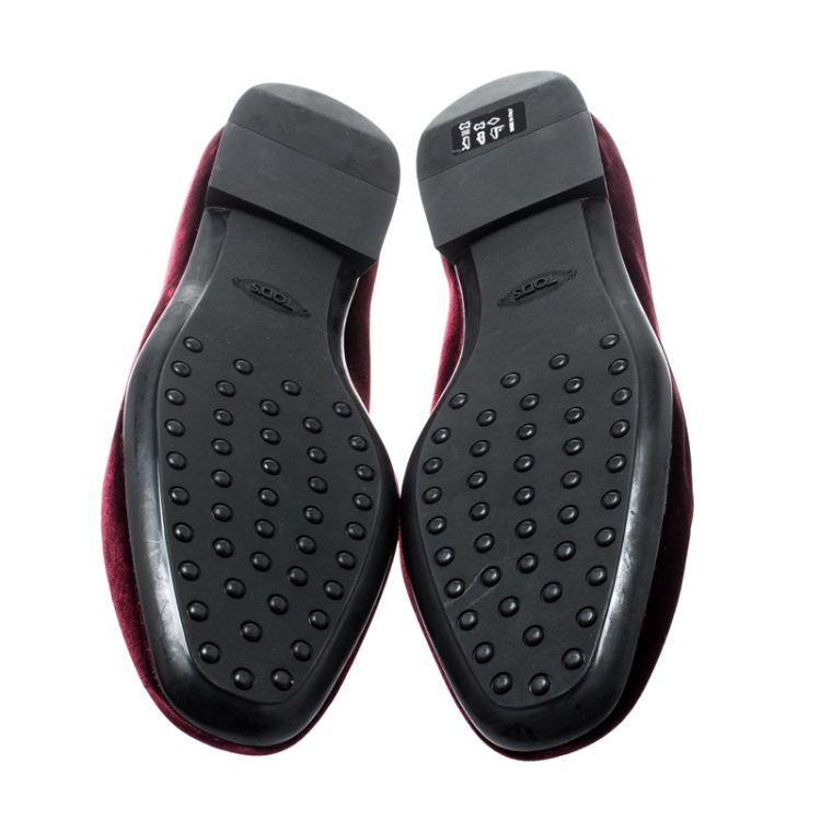 Pre Owned Tod's Burgundy Velvet Double T Smoking Slippers Size 38.5