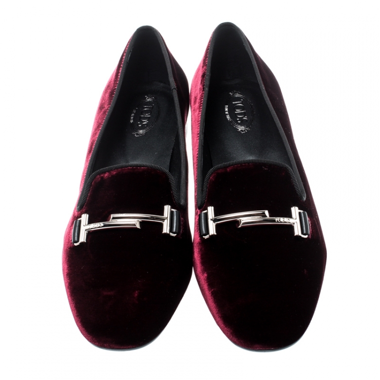 Pre Owned Tod's Burgundy Velvet Double T Smoking Slippers Size 38.5