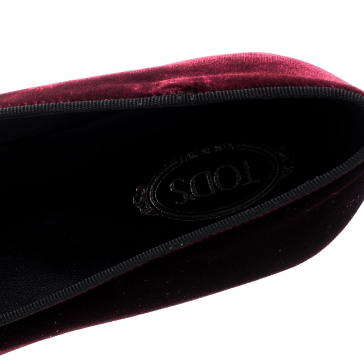 Pre Owned Tod's Burgundy Velvet Double T Smoking Slippers Size 38.5