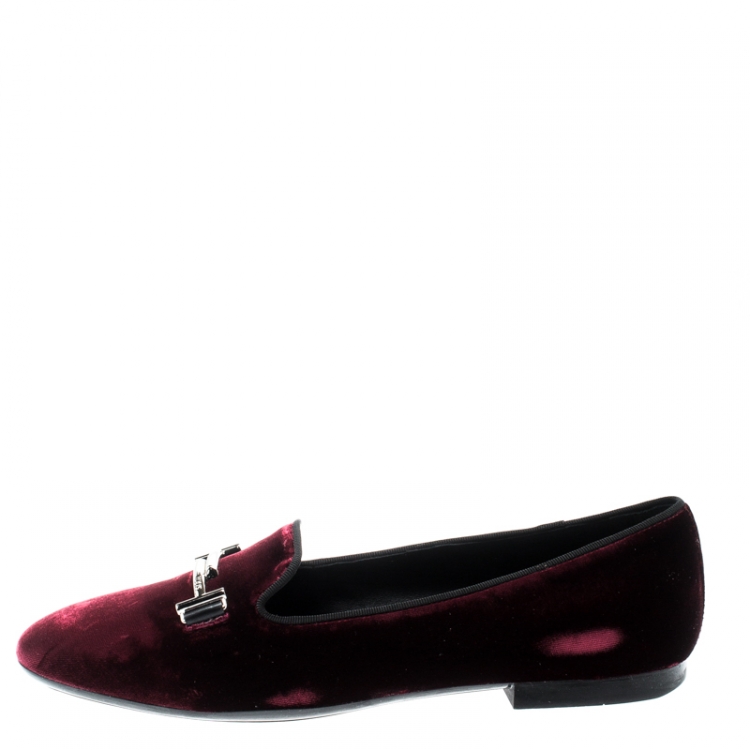Pre Owned Tod's Burgundy Velvet Double T Smoking Slippers Size 38.5