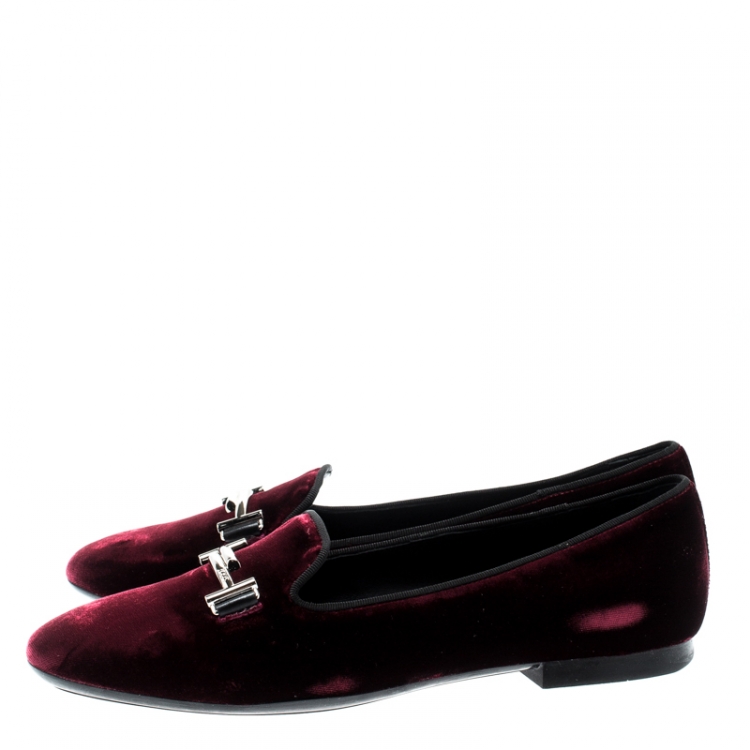 Pre Owned Tod's Burgundy Velvet Double T Smoking Slippers Size 38.5