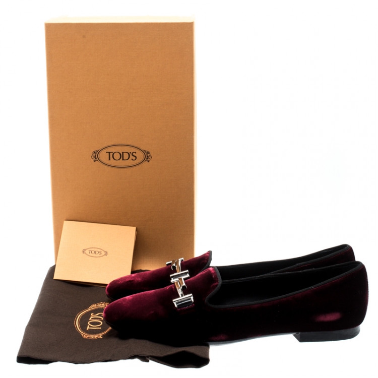 Pre Owned Tod's Burgundy Velvet Double T Smoking Slippers Size 38.5
