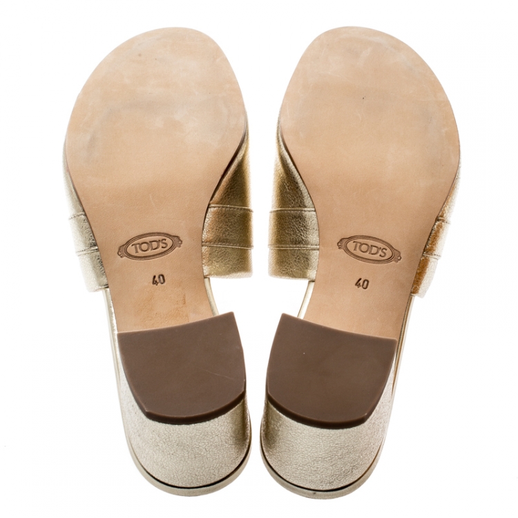 Pre Owned Tod's Limited Edition Metallic Gold Textured Leather Double T Peep Toe Mules Size 40