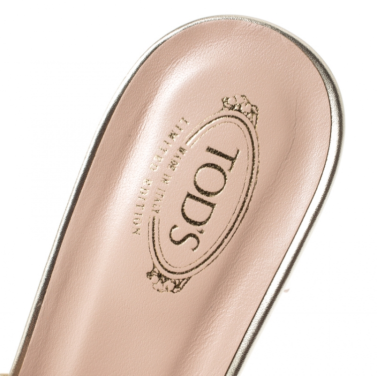 Pre Owned Tod's Limited Edition Metallic Gold Textured Leather Double T Peep Toe Mules Size 40